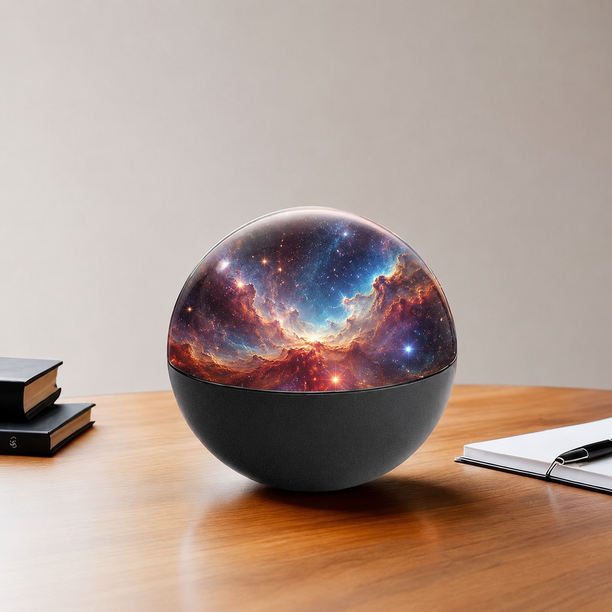 Velora Sphere displaying a customizable nebula scene on a wooden desk