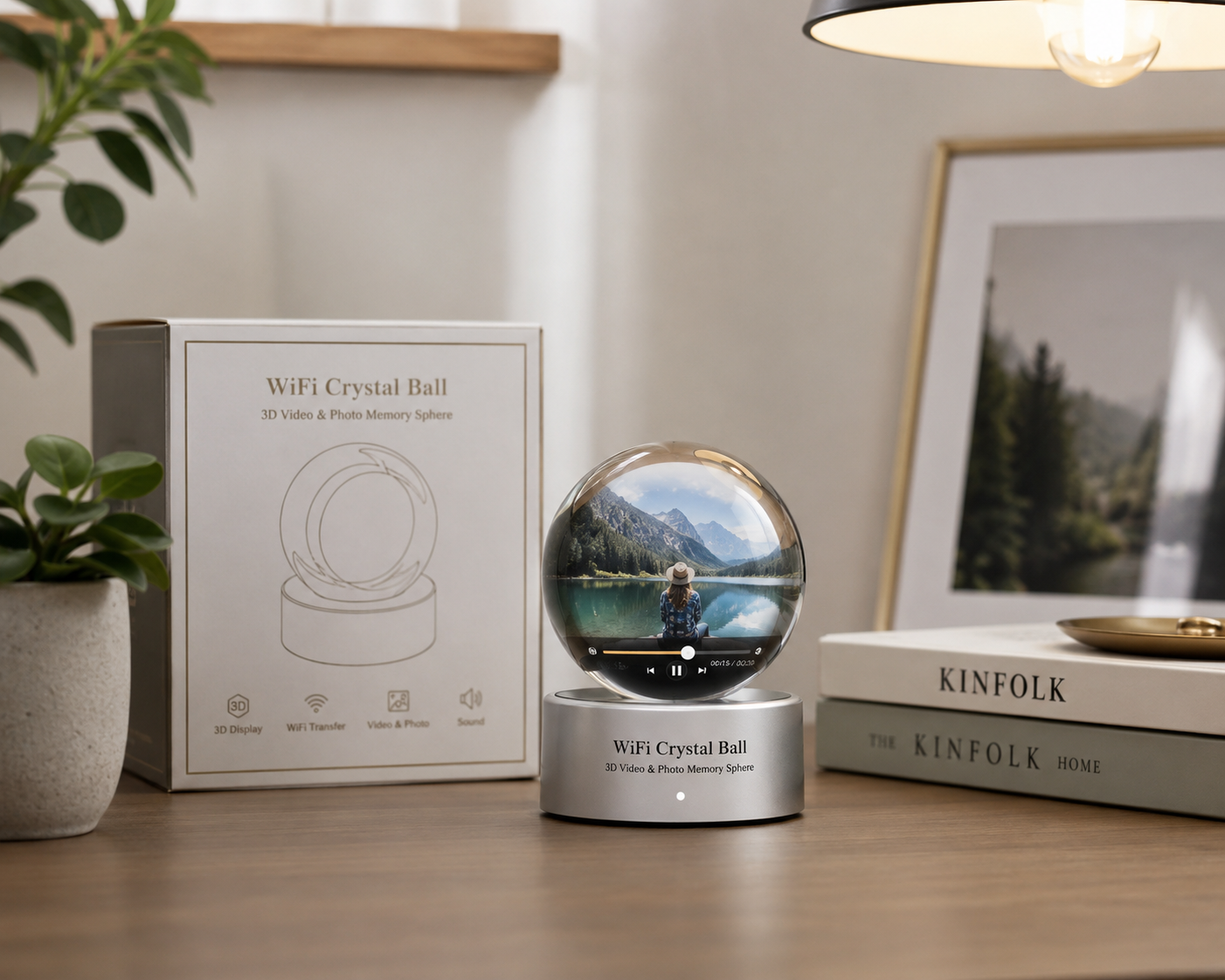 Velora Sphere on a modern desk beside books, a plant, and a framed photo
