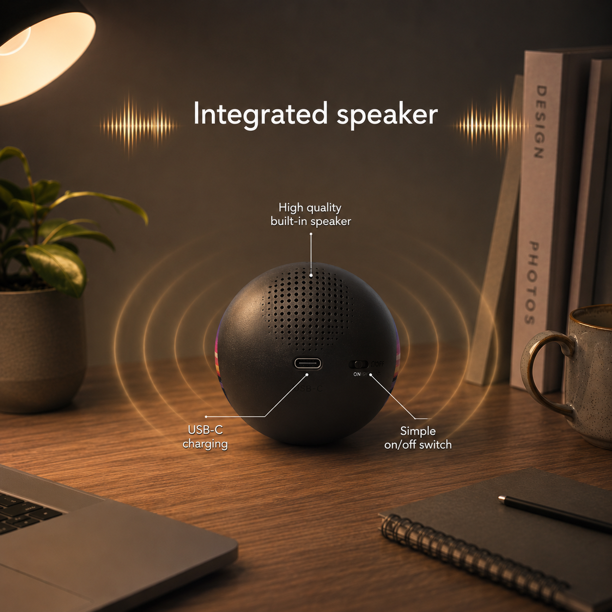 Velora Sphere integrated speaker with USB-C charging and on/off switch