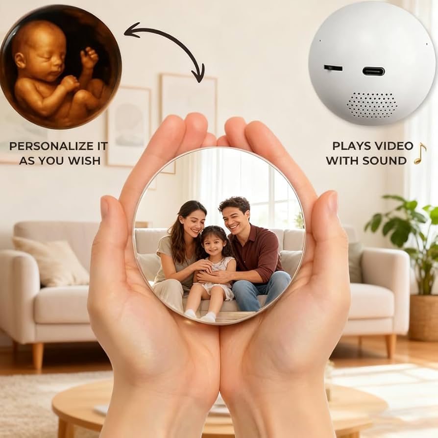 Velora Sphere shown activated, displaying a personalized family photo and video with sound
